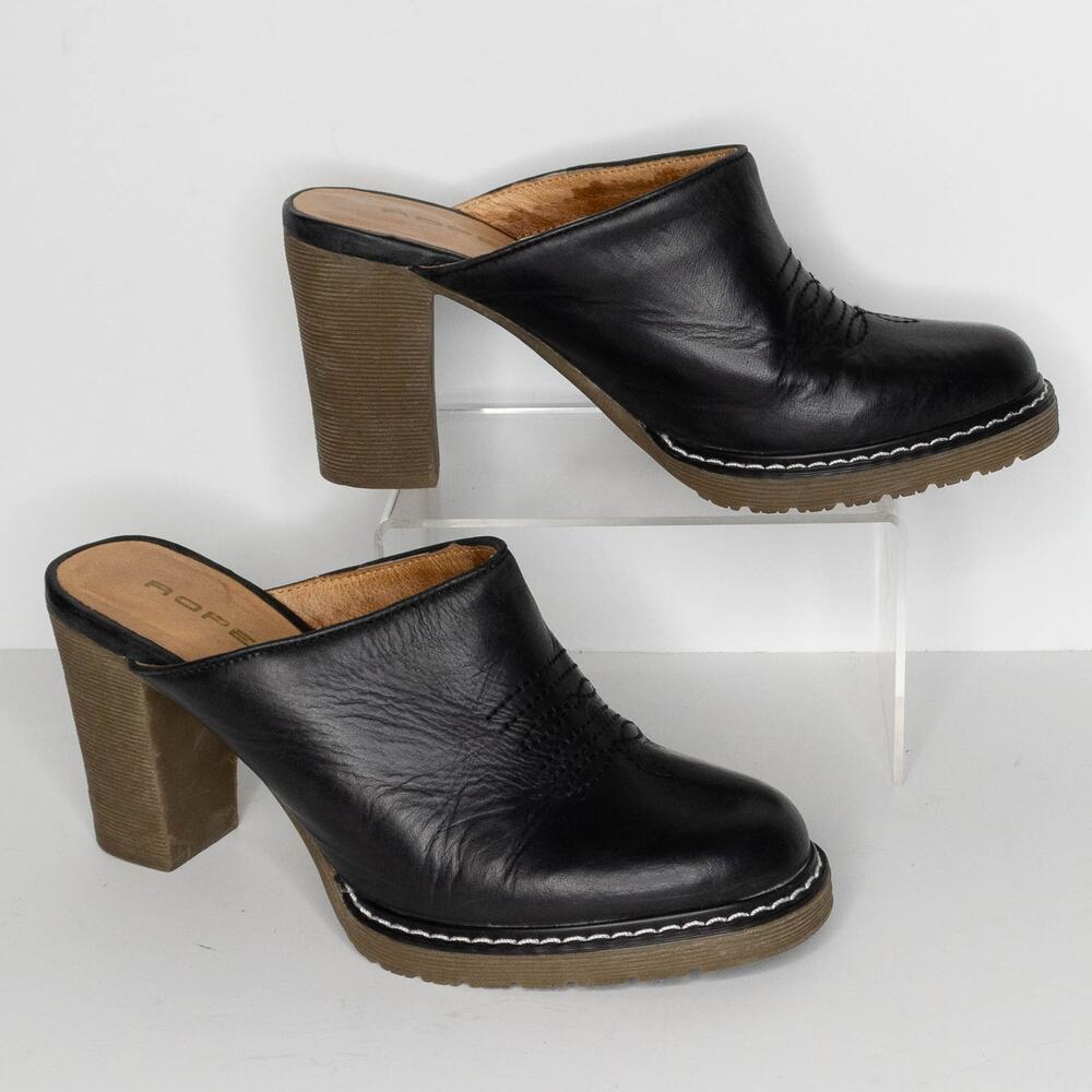 Roper Mule Clogs Leather Y2K 90s Western Boho Cottage Minimalist Heels Black 6.5